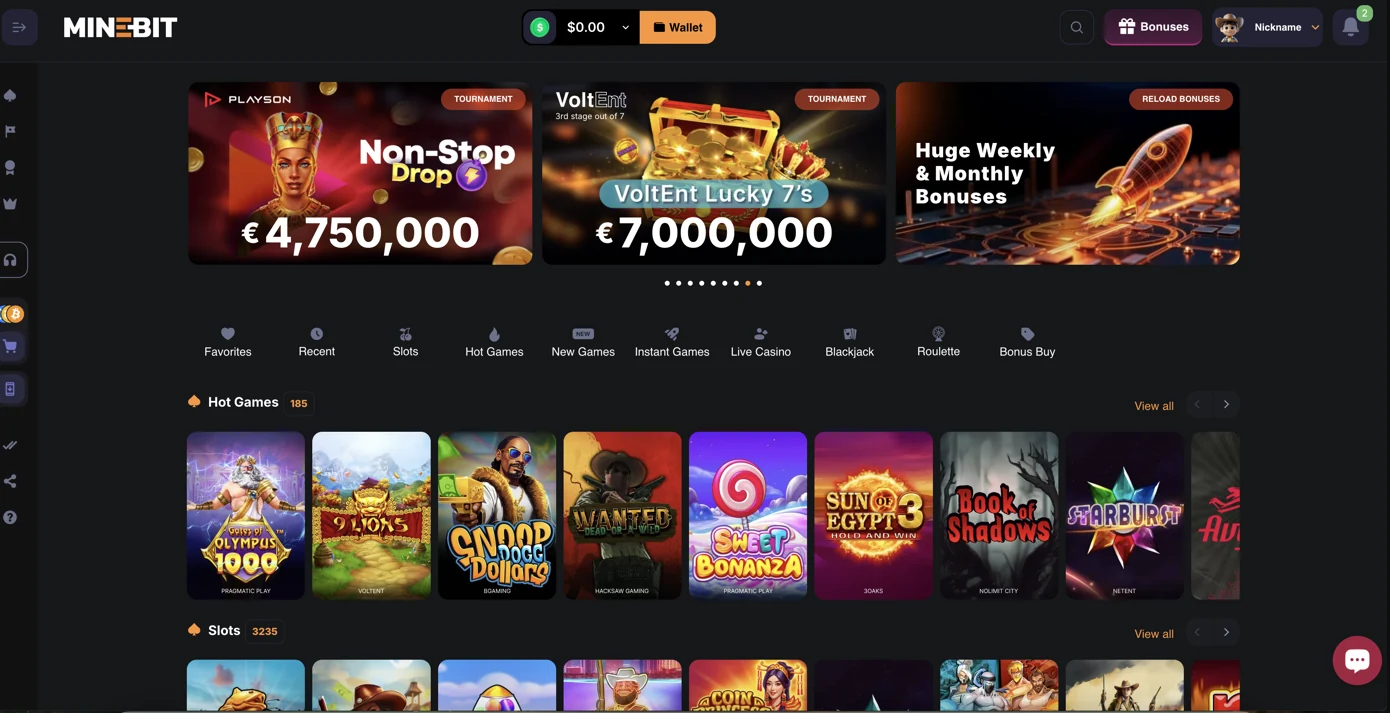Official MineBit casino homepage interface screenshot