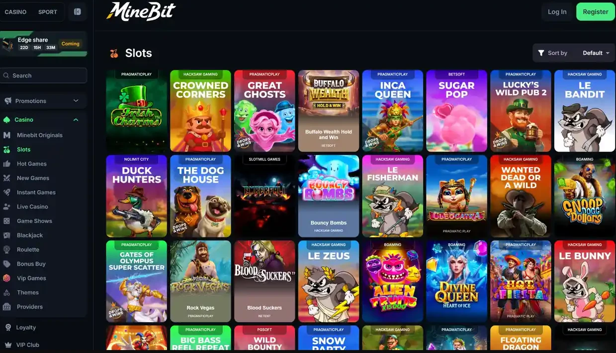 Official MineBit slots page screenshot